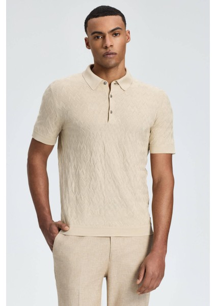 Zigzag Desen Merserize Pamuk Krem Rengi Triko Polo
