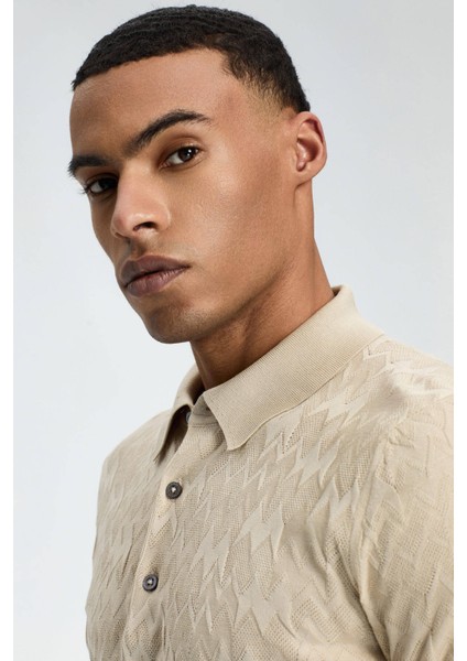 Zigzag Desen Merserize Pamuk Krem Rengi Triko Polo modelleri