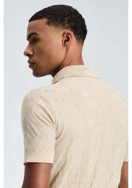 Zigzag Desen Merserize Pamuk Krem Rengi Triko Polo indirimleri