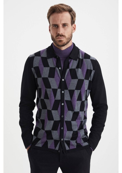 Desenli Merino Yün Siyah Triko Gömlek fırsatları