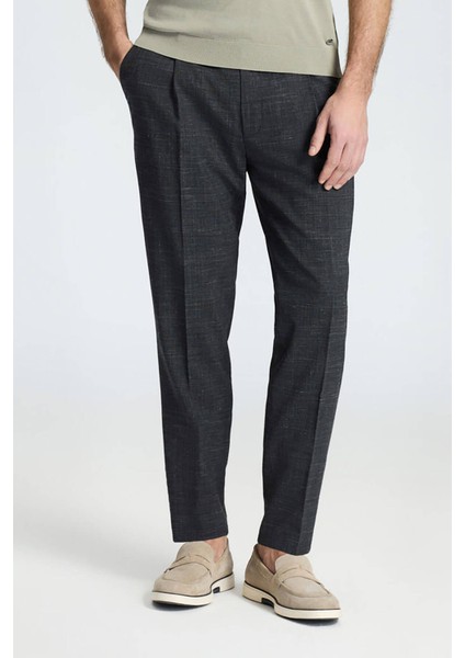 Keten Yün Karışım Siyah Klasik Dokuma Pantolon
