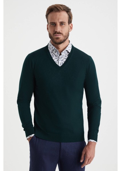 V Yaka Zümrüt Yeşili Merino Yün Triko