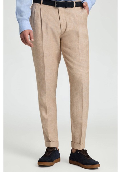 Saf Keten Kum Rengi Pileli Pantolon