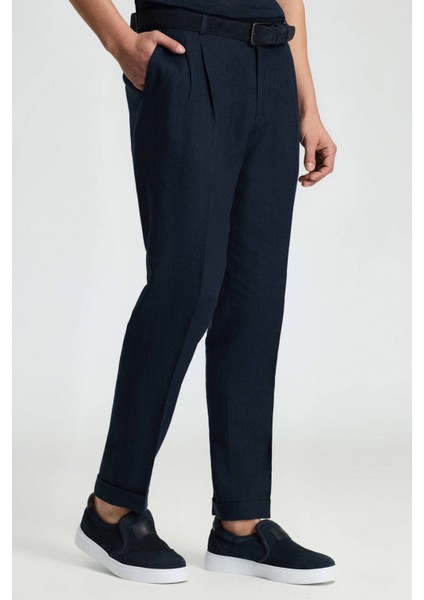 Saf Keten Lacivert Pileli Pantolon