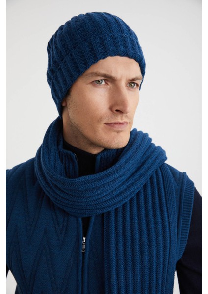 Örgü Desenli Merino Yün Mavi Atkı