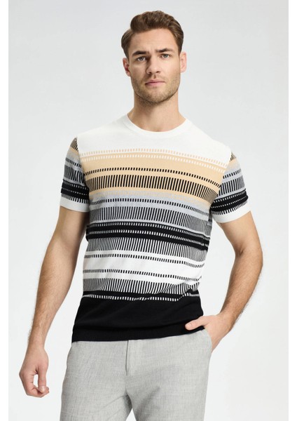 Siyah-Açık Gri Desen Bisiklet Yaka Saf Pamuk Triko T-Shirt