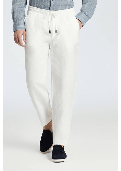 Saf Keten Bağcıklı Kırık Beyaz Pantolon