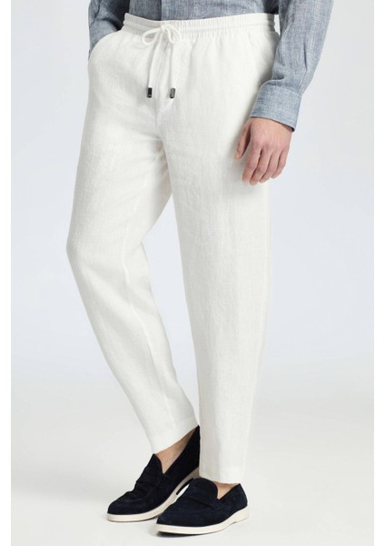 Saf Keten Bağcıklı Kırık Beyaz Pantolon fırsatları