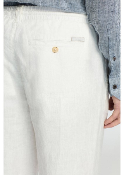 Saf Keten Bağcıklı Kırık Beyaz Pantolon indirimleri