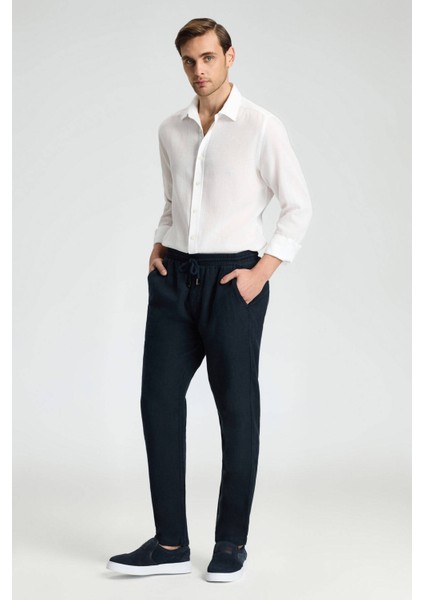 Saf Keten Bağcıklı Lacivert Pantolon modelleri