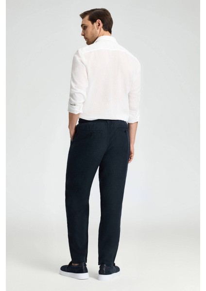 Saf Keten Bağcıklı Lacivert Pantolon indirimleri