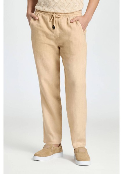 Saf Keten Bağcıklı Kum Rengi Pantolon