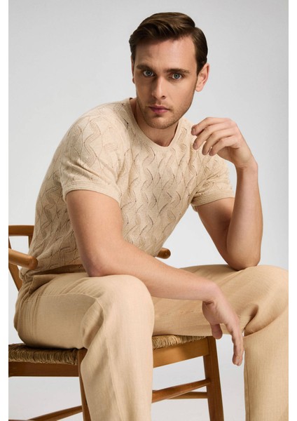 Saf Keten Bağcıklı Kum Rengi Pantolon fiyatları