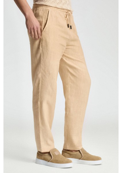 Saf Keten Bağcıklı Kum Rengi Pantolon modelleri