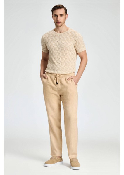 Saf Keten Bağcıklı Kum Rengi Pantolon fırsatları