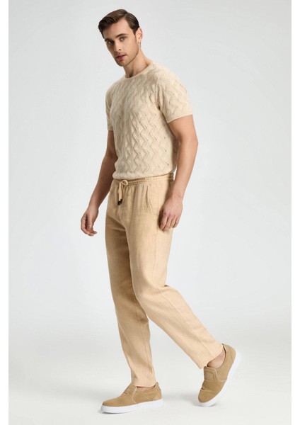 Saf Keten Bağcıklı Kum Rengi Pantolon indirimleri