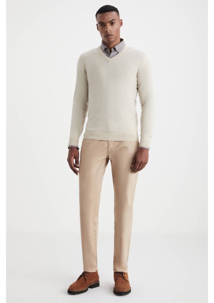 V Yaka Açık Bej Merino Yün Triko fiyatları