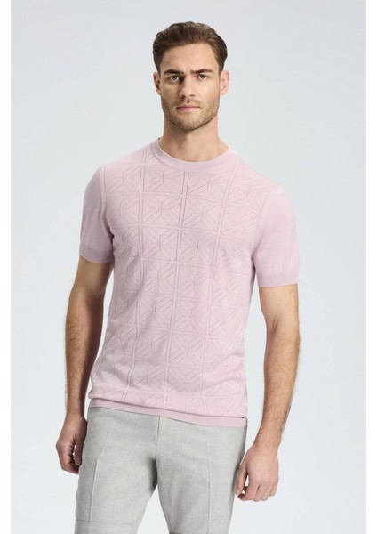 Ajur Örgü Detaylı Bisiklet Yaka Gül Kurusu Triko T-Shirt
