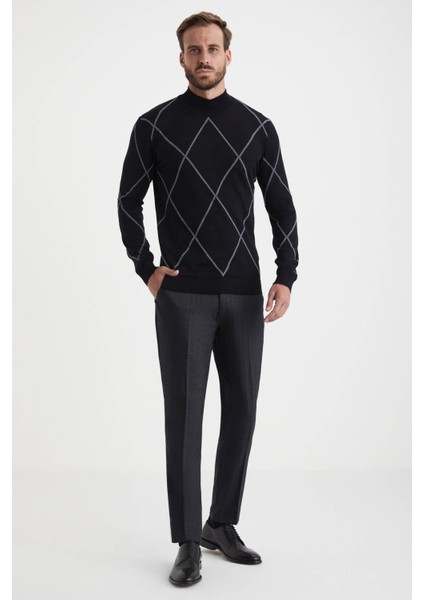 Baklava Desen Yarım Balıkçı Yaka Merino Yün Siyah Triko fiyatları