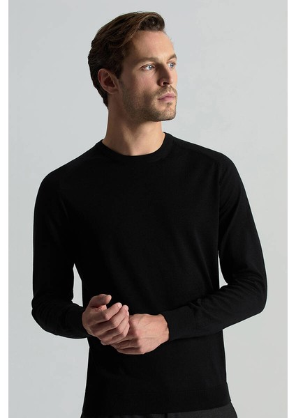 Slim Fit Bisiklet Yaka Siyah Merino Yün Triko