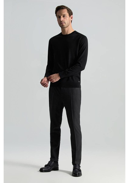 Slim Fit Bisiklet Yaka Siyah Merino Yün Triko modelleri