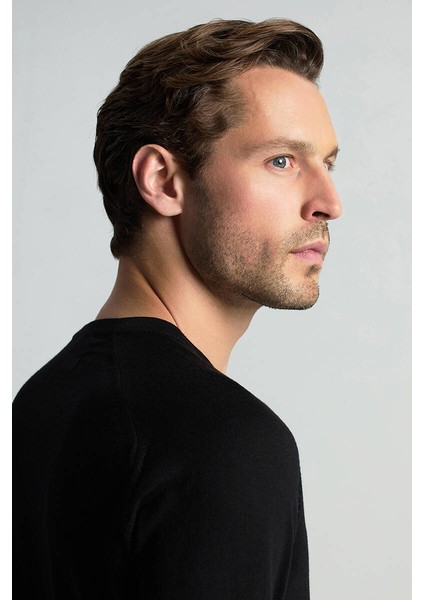 Slim Fit Bisiklet Yaka Siyah Merino Yün Triko fırsatları