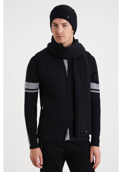 Örgü Desenli Merino Yün Siyah Atkı