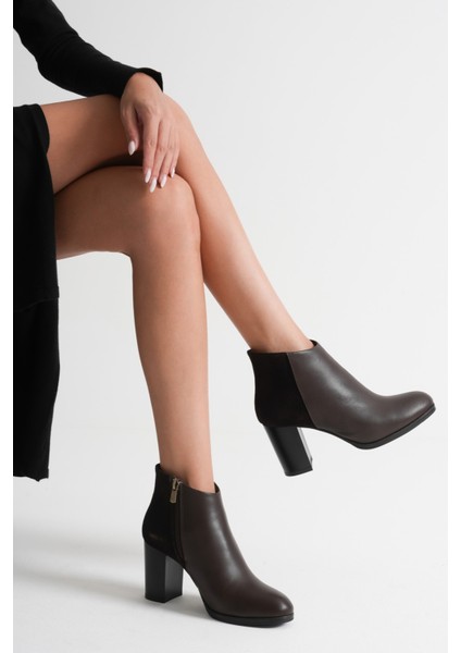 Kadın Hakiki Deri Arkası Süet Detaylı Topuklu Bot - Kahve