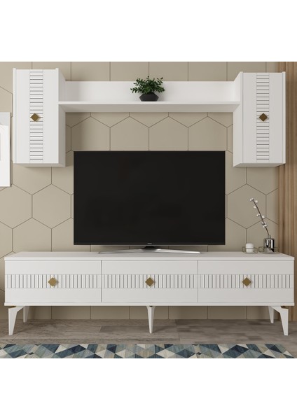 Middas 180 cm Tv Ünitesi Takımı Beyaz-Altın