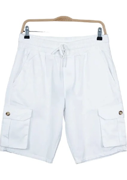 Erkek Beli Lastikli ve Bağcıklı Kargo Cep %100 Pamuk Kısa Keten Şort