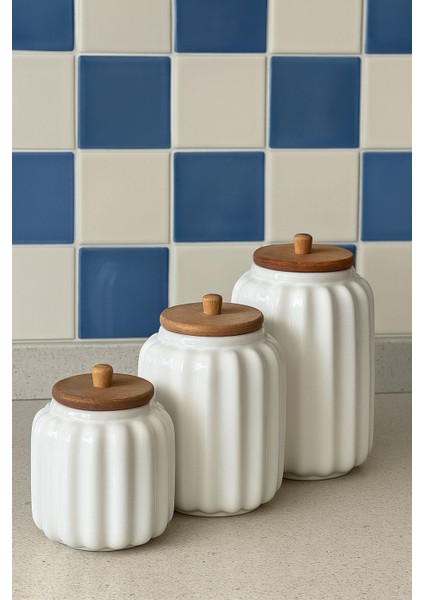 Ahşap Kapaklı Seramik Bombeli 3 Boy Kavanoz Seti 500-750-1000 ml