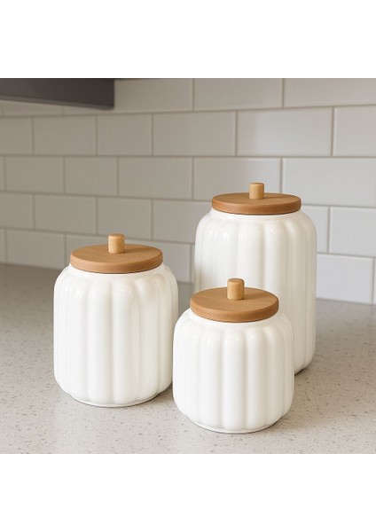 Ahşap Kapaklı Seramik Bombeli 3 Boy Kavanoz Seti 500-750-1000 ml fiyatları