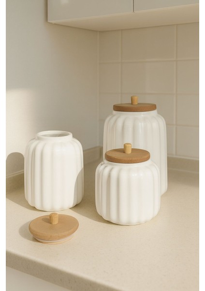 Ahşap Kapaklı Seramik Bombeli 3 Boy Kavanoz Seti 500-750-1000 ml modelleri