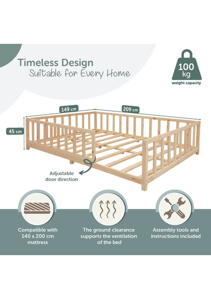 KFB640 Montessori Yer Yatağı – 140X200 Cm, Masif Ahşap, Kenar Korumalı, Iskandinav Tasarım fiyatları