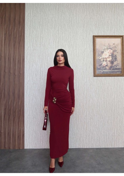 Uzun Kol Aksesuar Drapeli Maxi Elbise