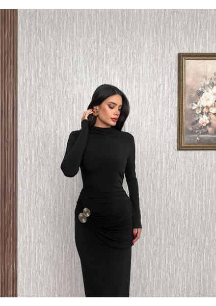 Uzun Kol Aksesuar Drapeli Maxi Elbise fiyatları