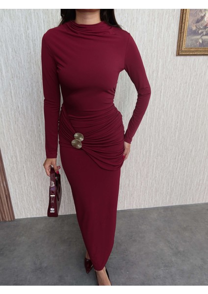 Uzun Kol Aksesuar Drapeli Maxi Elbise modelleri