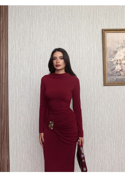 Uzun Kol Aksesuar Drapeli Maxi Elbise fırsatları