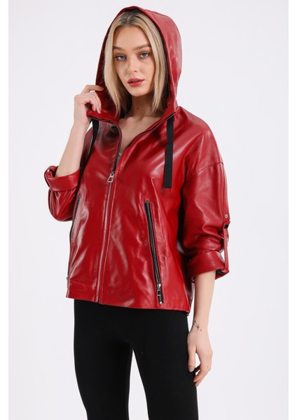 Gaga Kadın Kapüşonlu Deri Mont