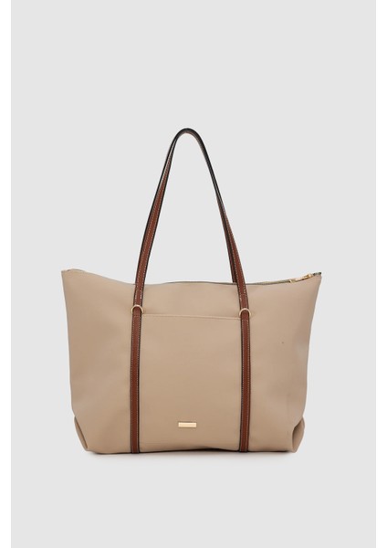 Velie Paraşüt Kumaş Şeritli Shopper Çanta Vizon-Taba
