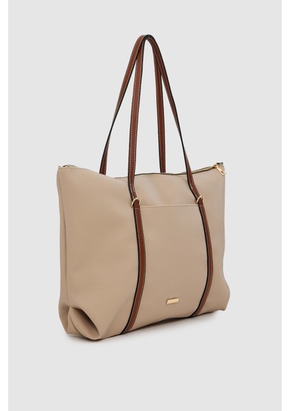 Velie Paraşüt Kumaş Şeritli Shopper Çanta Vizon-Taba modelleri