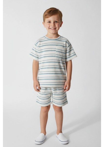 Erkek Çocuk Mavi %100 Pamuklu Çizgili Alt Üst Takım