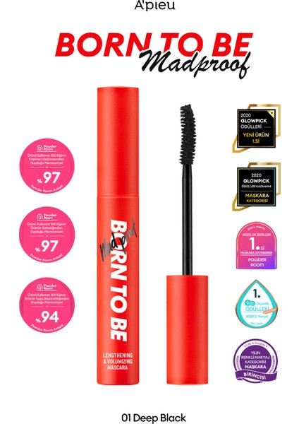 Uzun ve Kıvrık Görünüm Sunan A'PIEU Born To Be Madproof Lengthening&Volumizing Mascara (No.01)
