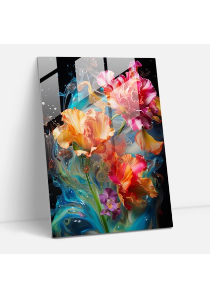 Dinamik Kanayan Karanfiller Cam Tablo - Kanayan Çiçekler Canlılık Hareket