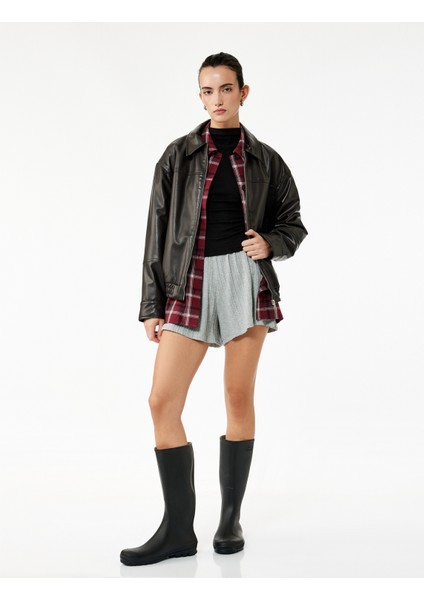 Slim Fit Beli Lastikli Dokulu Mini Şort