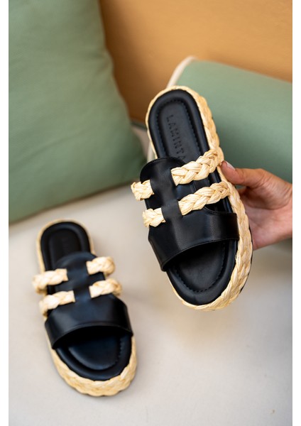 Frida Siyah Hasır Şeritli Kadın Terlik