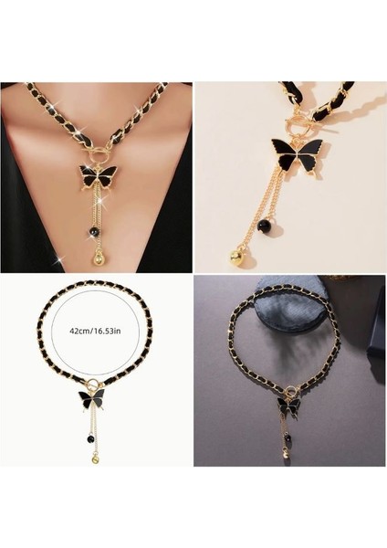 Günlük Giyim Siyah Uzun Altın Tonlu Boncuk Vurgu Siyah Kelebek Kolye fiyatları