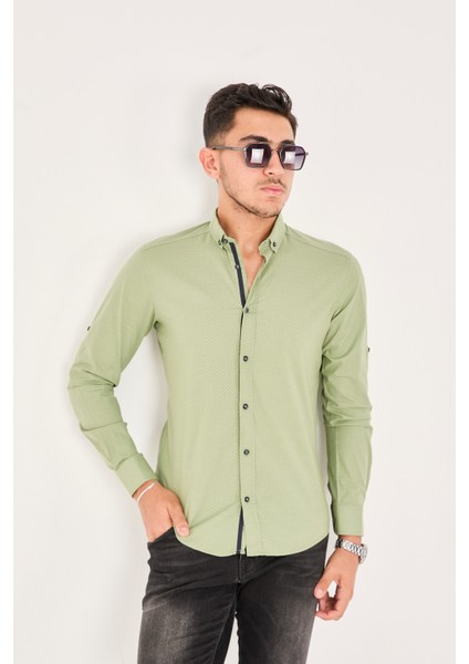 Puantiye Baskılı Poplin Pamuk Likra Slim Fit Erkek Gömlek
