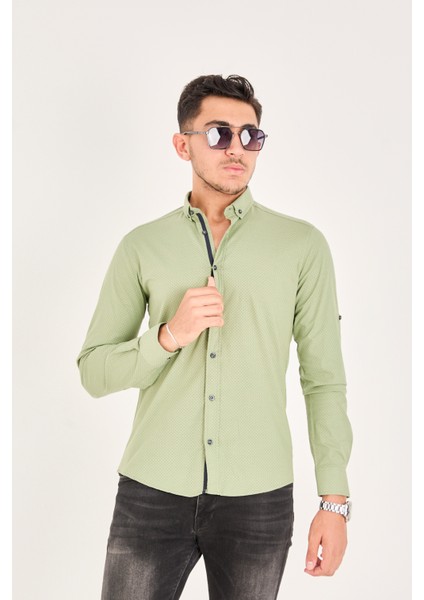 Puantiye Baskılı Poplin Pamuk Likra Slim Fit Erkek Gömlek fiyatları