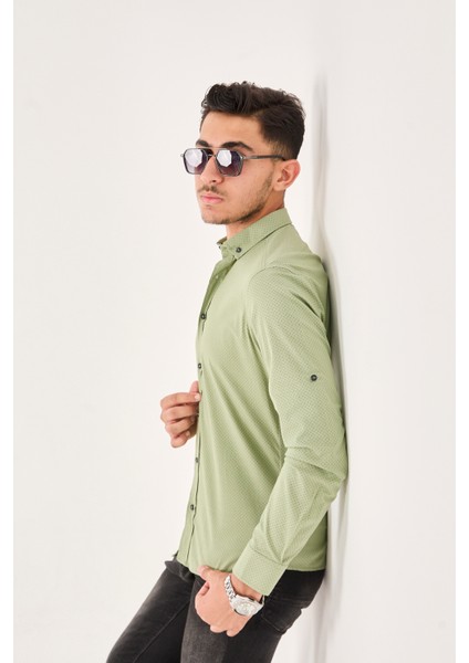 Puantiye Baskılı Poplin Pamuk Likra Slim Fit Erkek Gömlek modelleri